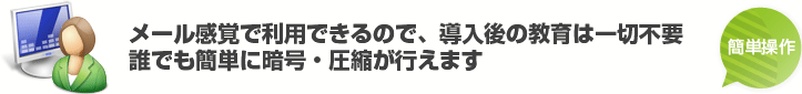 メール感覚で利用できるので、導入後の教育は一切不要。誰でも簡単に暗号・圧縮が行えます